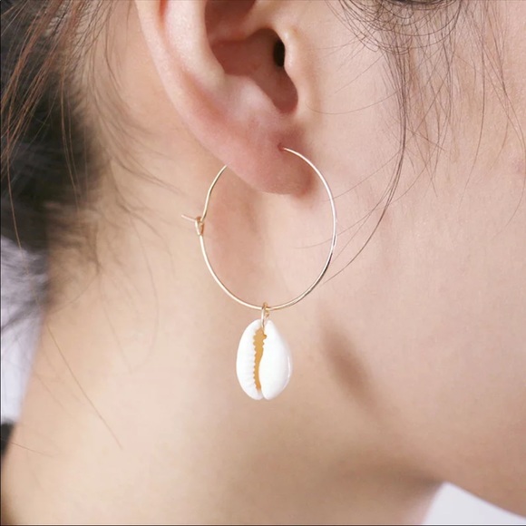 Drop Cowrie Shell Hoops 1” - Picture 2 of 4